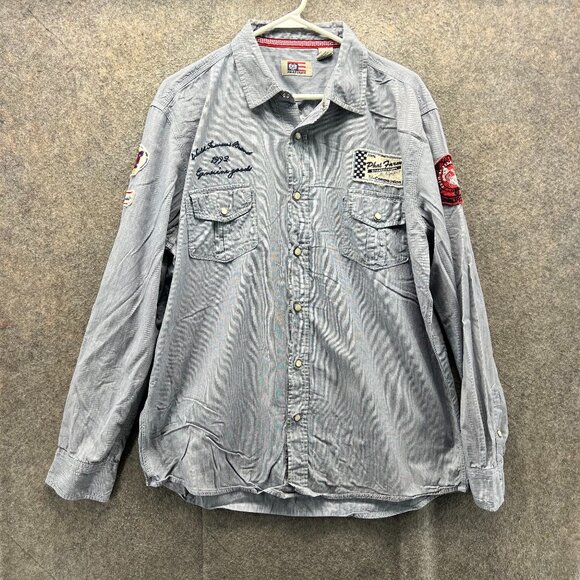 Phat Farm Shirt Men XL Gray Striped Pearl Snap Embroidered Patches Motorcycle - Picture 1 of 11